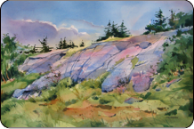 watercolor landscape rocks, trees
